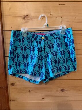 Macbeth Collection by Margaret Josephs Teal and Navy Seahorse Print Jean Shorts